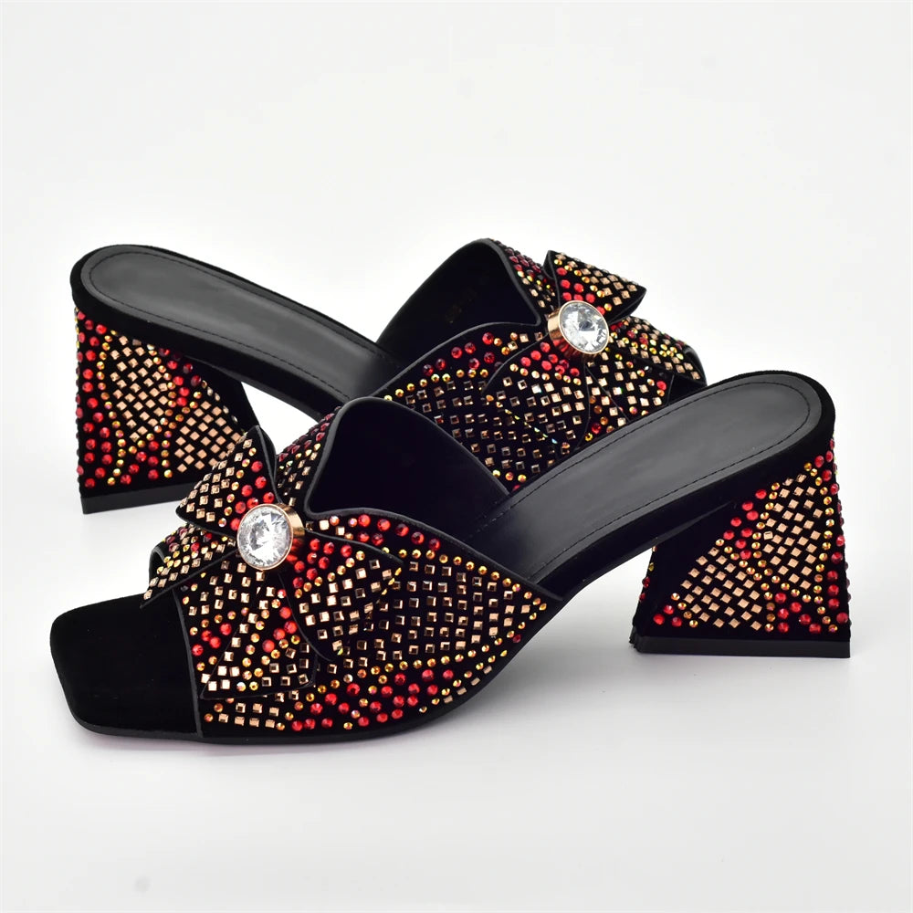 Nigeria Popular Design African Ladies Shoes and Bag Set Decorated with Rhinestone Wedding Shoes Bride Peep Toe Low Black Heels