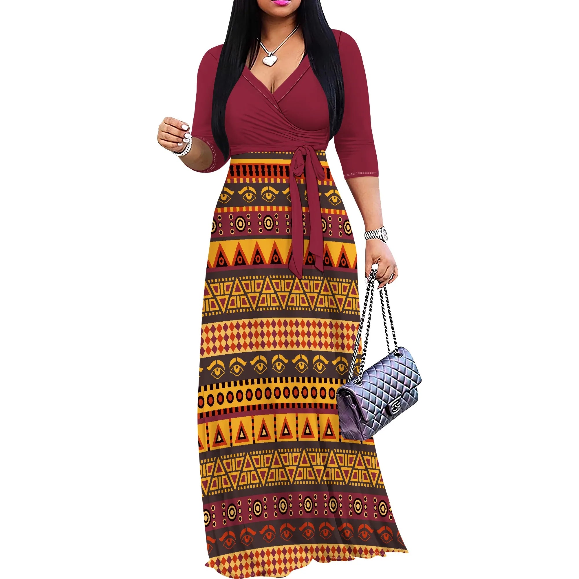 Women's Floral Print Maxi Dresses Summer with Pockets Casual 3 4 Sleeve V-Neck Wrap Tie Waist Long Dress