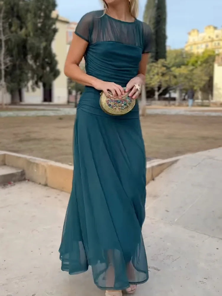 Women Summer Round Neck Loungewear Dress, See Through Solid Mesh Patchwork Elegant Maxi Dress, Short Sleeve Casual Ladies Dress