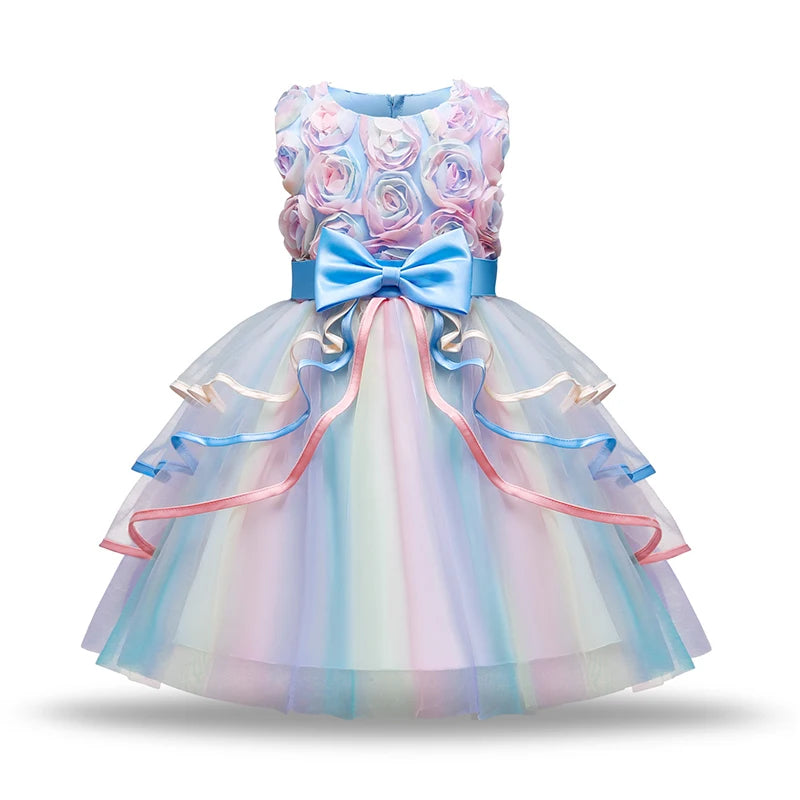 Fashion Girl's Dress Summer Rose Princess Dress Patchwork Mesh Performance Costume Children's Birthday Gown 3-8Y Girls