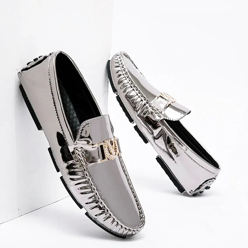 New Cool Male Formal Dress Shoes Silver Casual Moccasin Shoes for Men Large Size 38-48 Youth Fashion Popular Driving Loafers