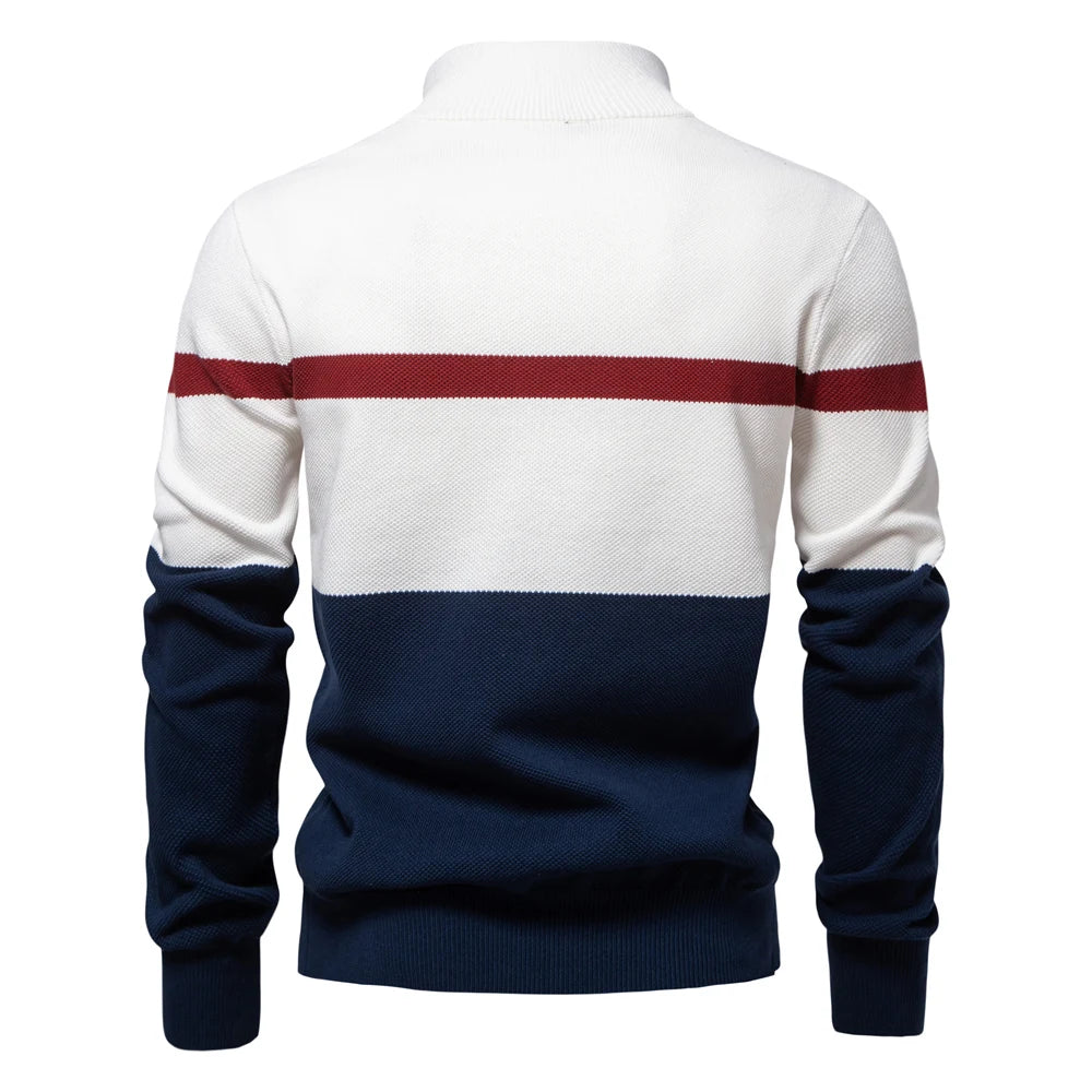 Men's High Quality Cotton Sweater Zipper Mock Neck Pullovers Male Autumn Winter Striped Warm Polo Sweater For Men