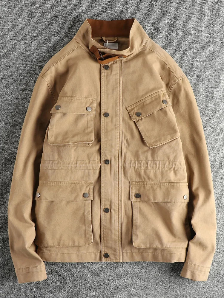 2025 Herfst en Winter Nieuwe Amerikaanse Retro Geweven M65 Cargo Jas Heren 100% Katoen Gewassen Losse Stoere Guy Outdoor Jachtjas