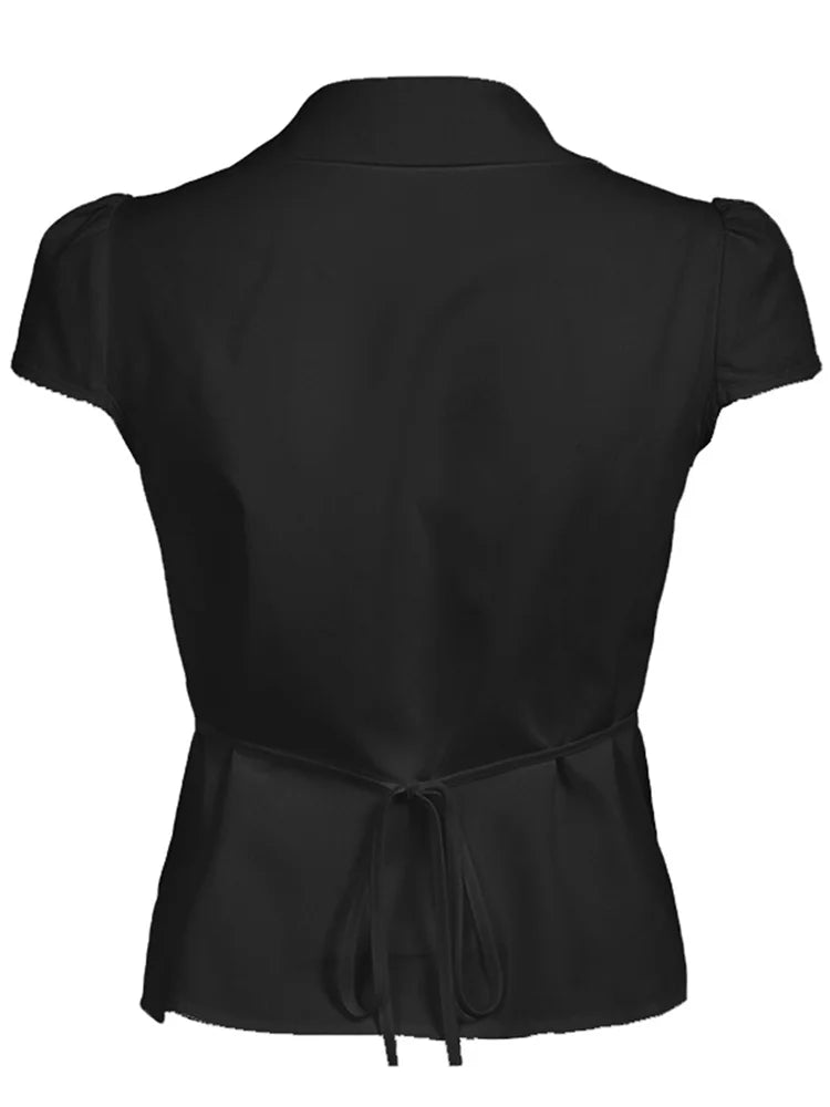 Women's Buttons Down Shirt, Short Sleeve Lapel Collar Back Tie-up, Slim Fit Tops For Summer Streetwear