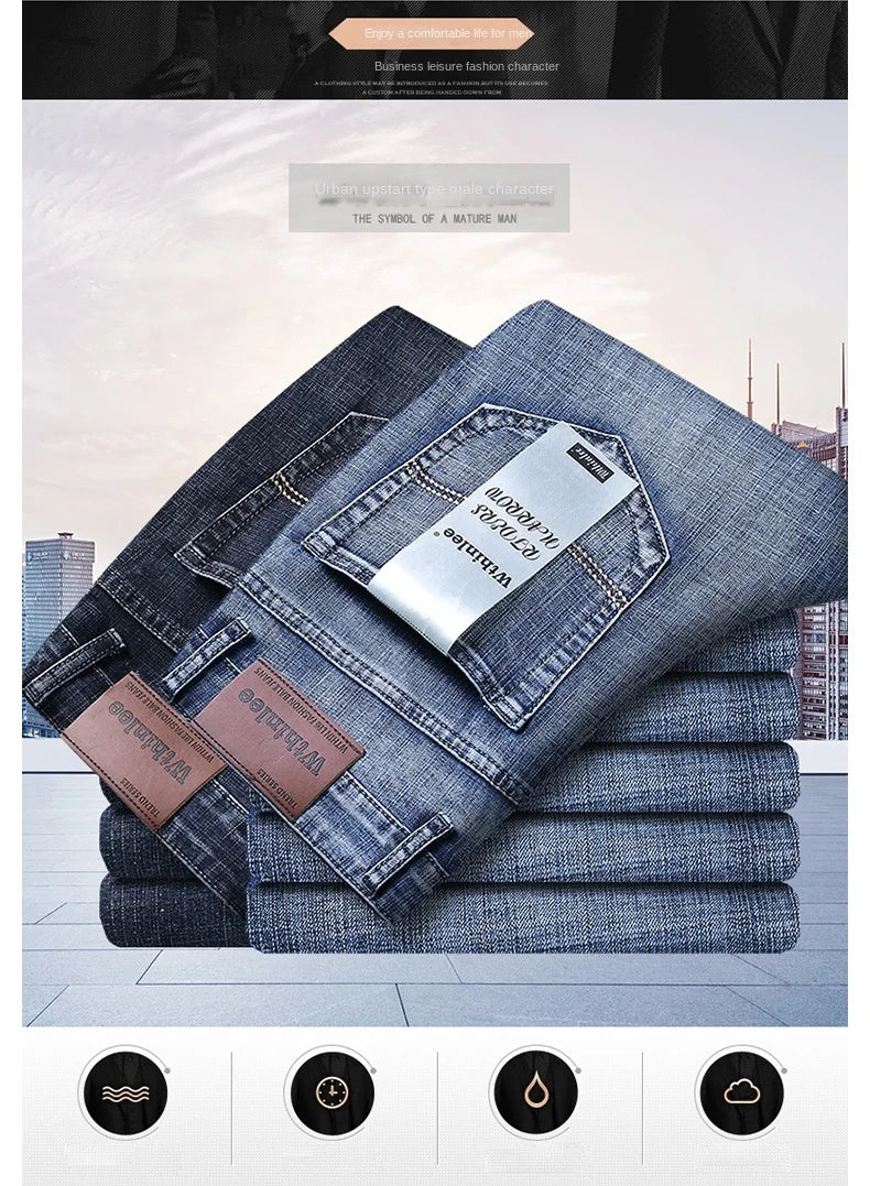 New Business Men's Jeans Casual Straight Stretch Fashion Classic Blue Black Work Denim Trousers Male Brand Clothing