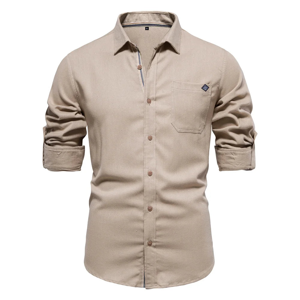 Men's 100% Cotton Social Spring Shirts Single Pocket Solid Colour Long Sleeve Shirts Turn-down Collar For Men