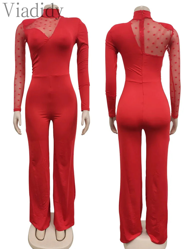 Women Dot Mesh Patchwork Long Sleeve Straight Jumpsuit