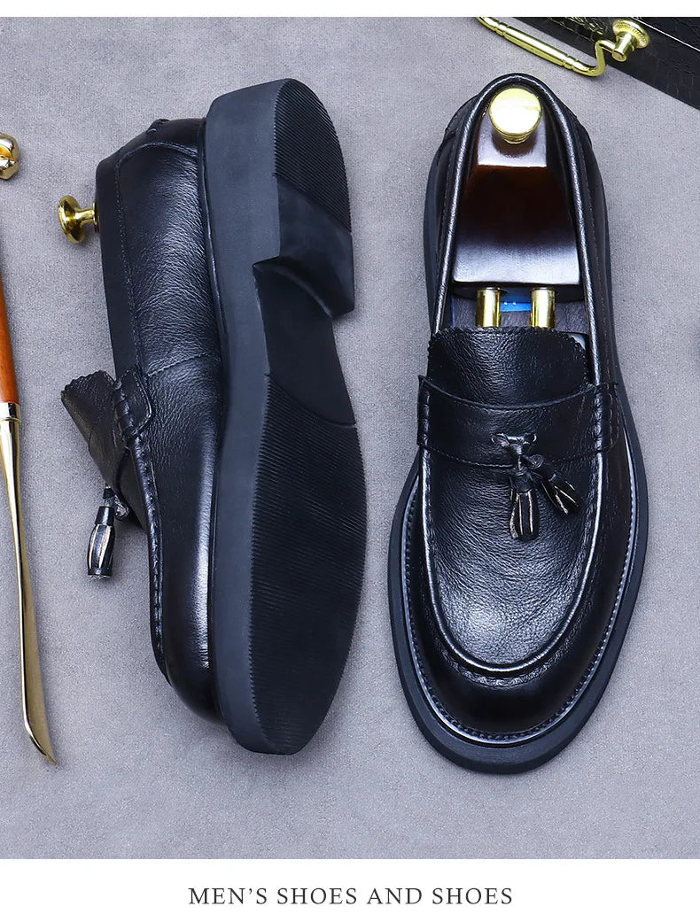 YETTIES Soft Leather Elegant Mens Dress Loafers Shoes Luxury Genuine Leather Tassel Thick Soled Wedding Social Formal Shoes