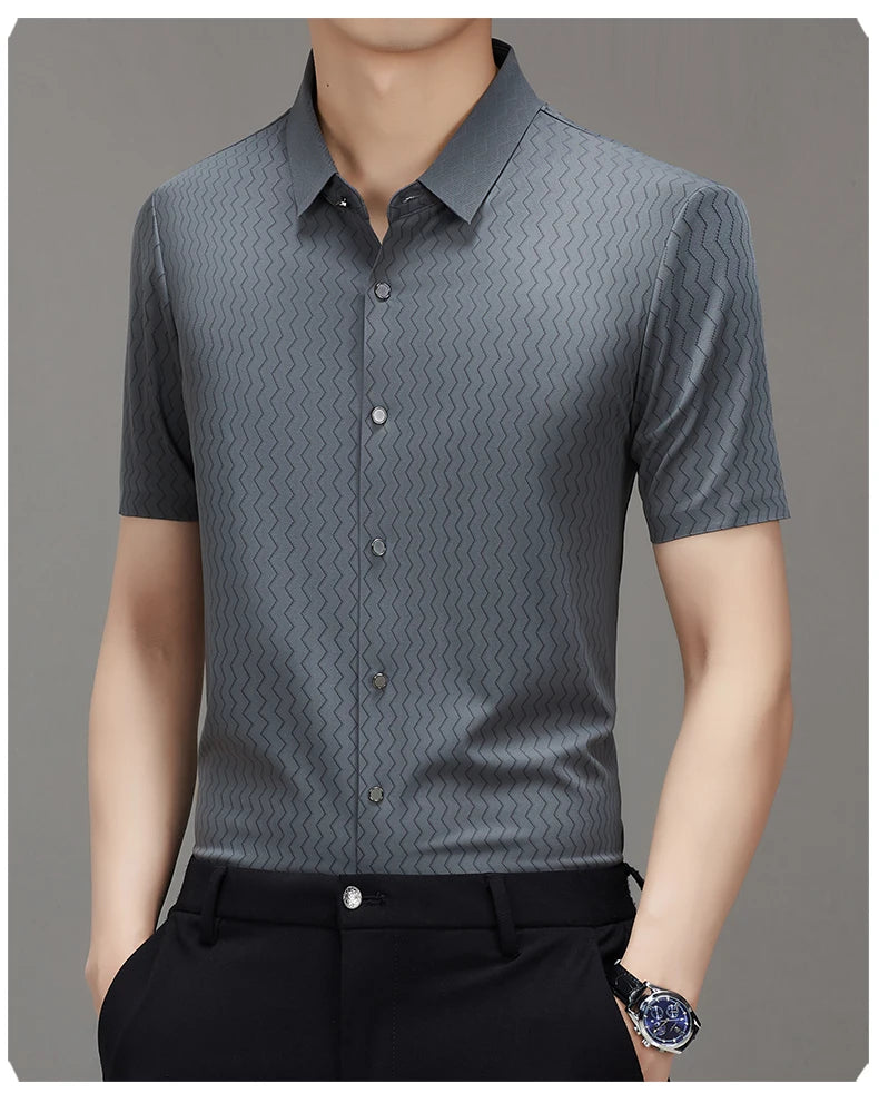 Men's Summer Lapel Shirt, Slim Fit Short-Sleeved, Fashion Dark Pattern Knitted Fabric Polo Shirt