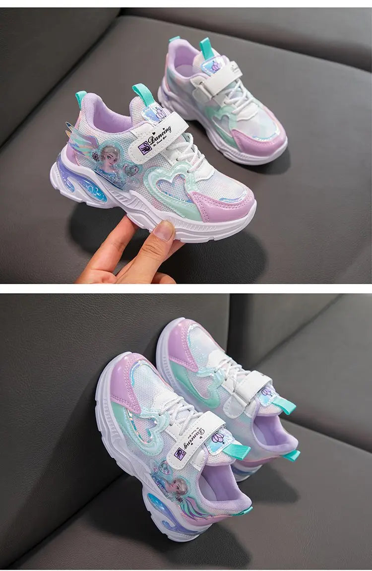 Girls' Casual Shoes Frozen Princess Elsa Sneakers Mesh Leather White Breathable Sole Children's Sport Shoes Size 26-37