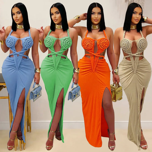 Bohemia Knitted Women Maxi Dress 2025 Summer Halter Lace Up Backless Split Sheath Vestidos Beach Vacation Robe