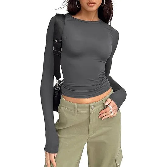 Fashion Senior Women's Long Sleeve Crew Neck Solid Slim Fit T-shirt Crop Top Ladies Daily Streetwear Casual Tee