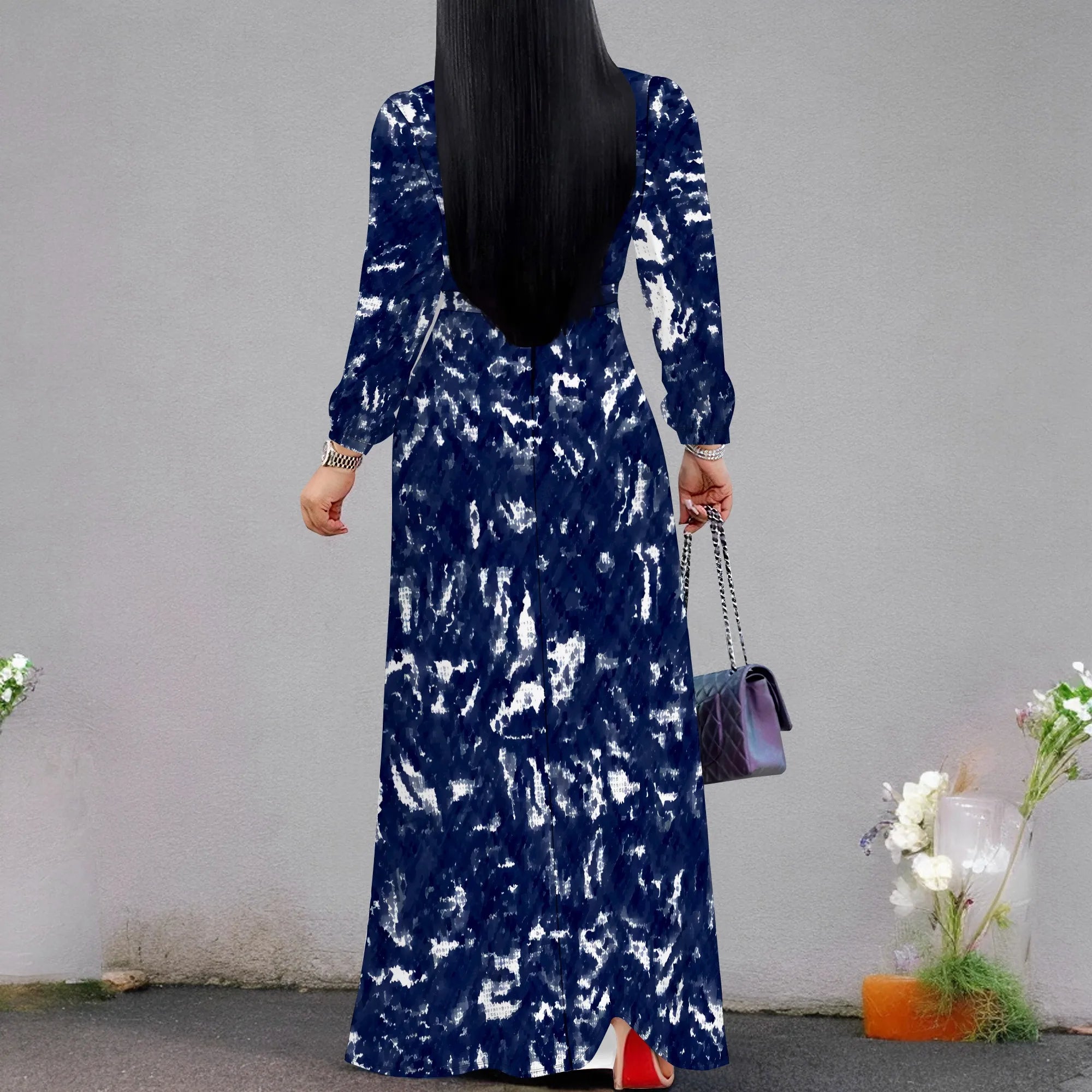 Tie-Dye V-Neck Long Sleeve Maxi Dress Women Casual Boho Fall Holiday Outfits