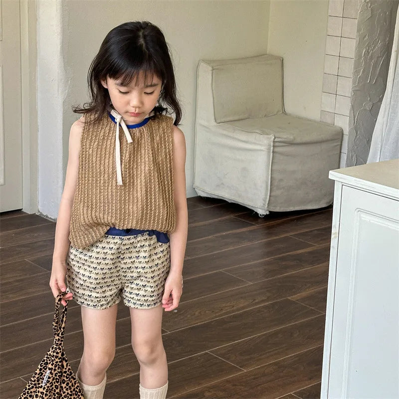 2025 Zomer Nieuwe Baby Meisjes Strik Print Shorts Katoenen Kinderen Losse Shorts Kinderen Veelzijdige Casual Broek Ademende Peuterkleding 4-6Y