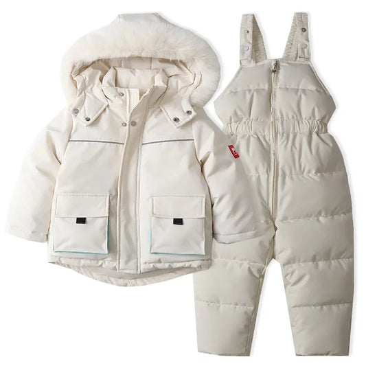 Unisex 2Pcs Winter Warm Children's Ski Clothes Set Thicken Fur Lining Hooded Coats & Overalls Set Snowsuit For Kids 2-5Y