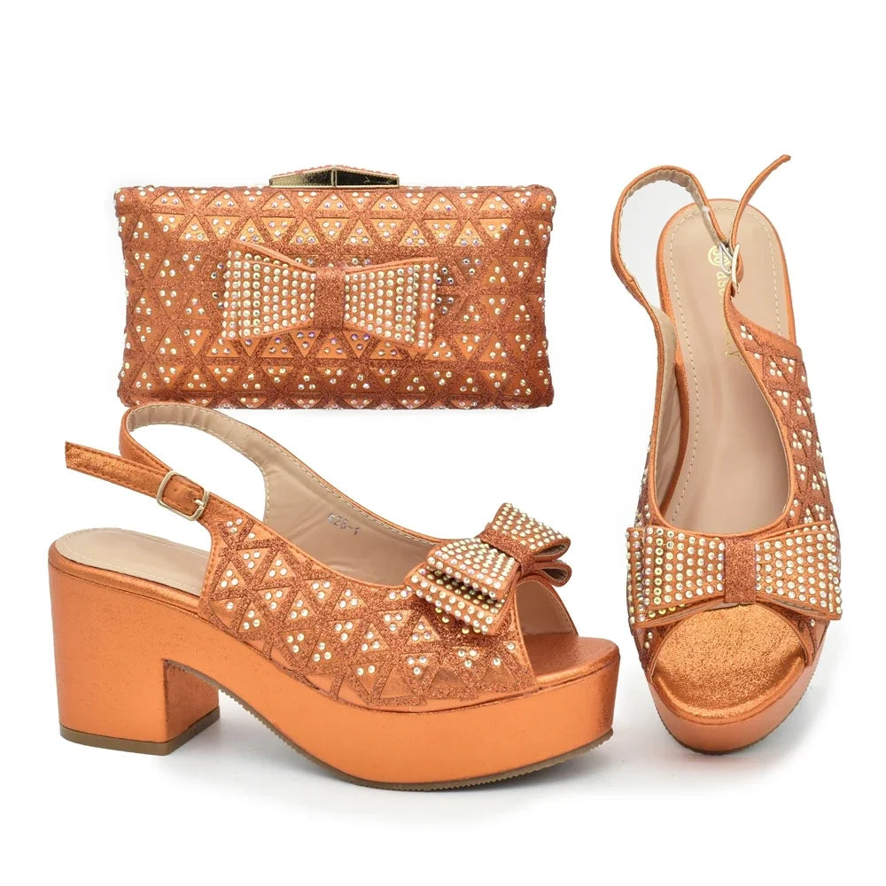 African Women Wedding Shoes and Bag Set Decorated with Rhinestone Africa Shoe and Bags Set Wedges Shoes for Women