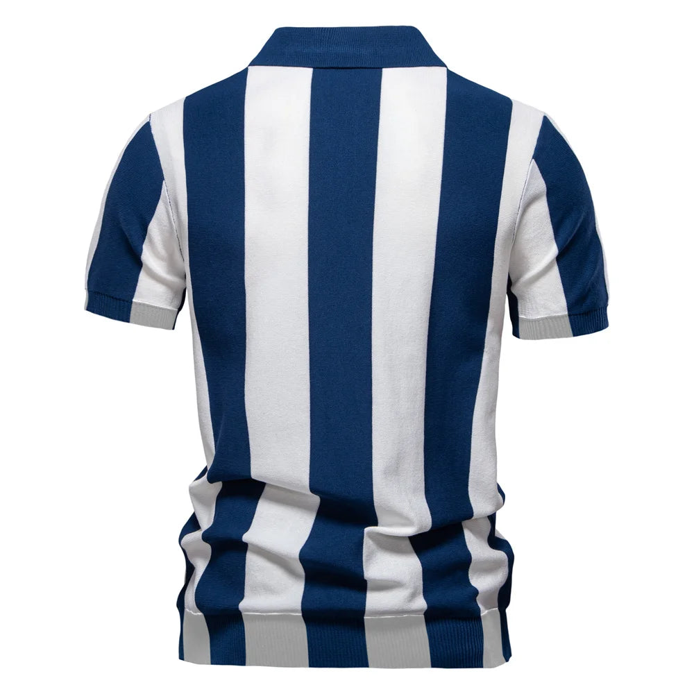Men's Summer Breathable And Striped Contrast Panel Polo Shirt - Casual Short-Sleeve Knit Shirt With Comfort Fit