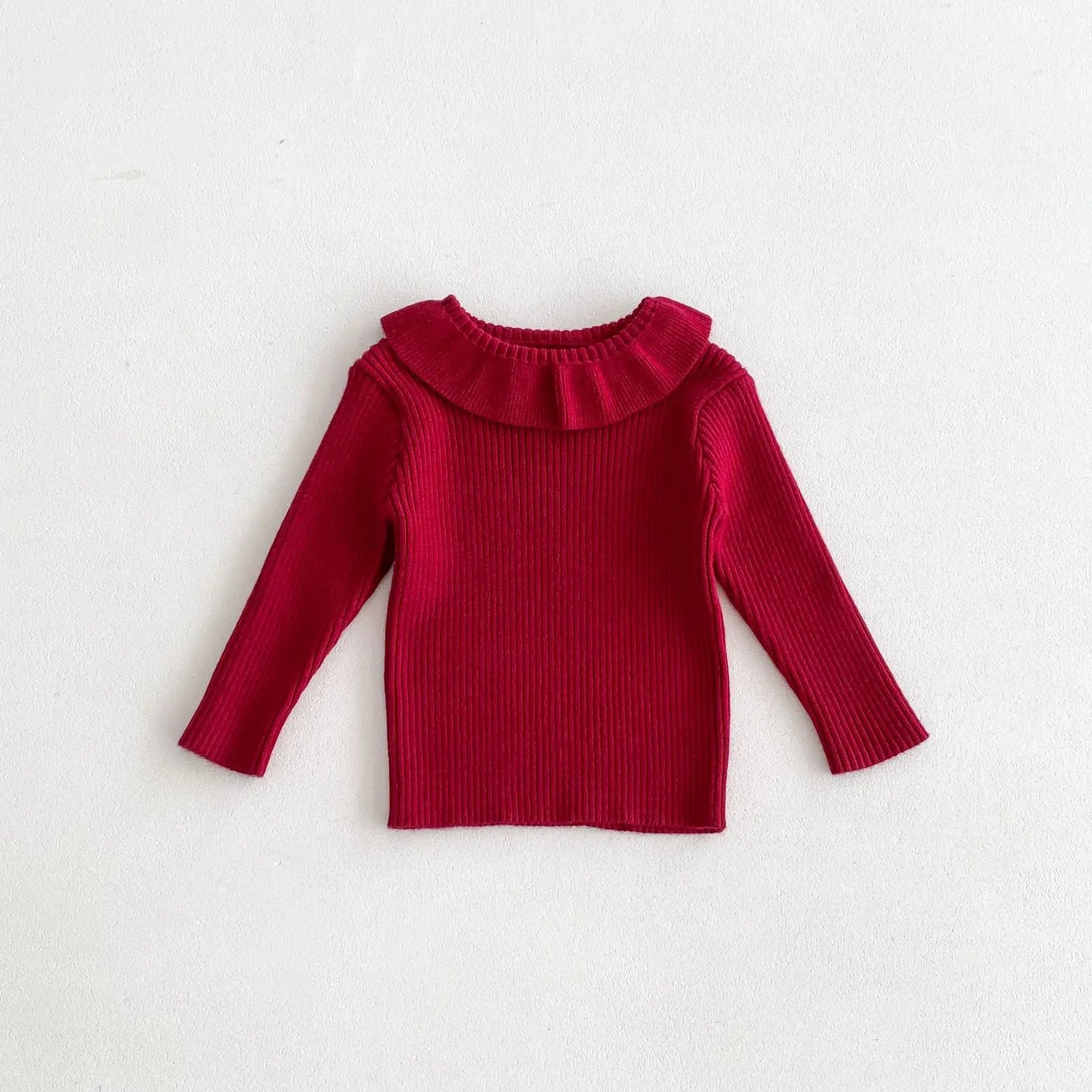 2025 Nieuwe effen trui met onderkant voor meisjes. Kinderkleding met lotusbladkraag en gebreide trui met basistopjes voor meisjes van 1-6 jaar.