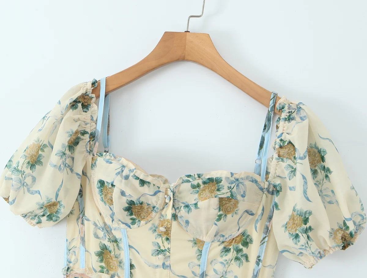 Patchwork Floral Print Boho Summer Dresses Women Vintage Puff Sleeve A-line Midi Chiffon Dress Chic Lady Vacation Robe