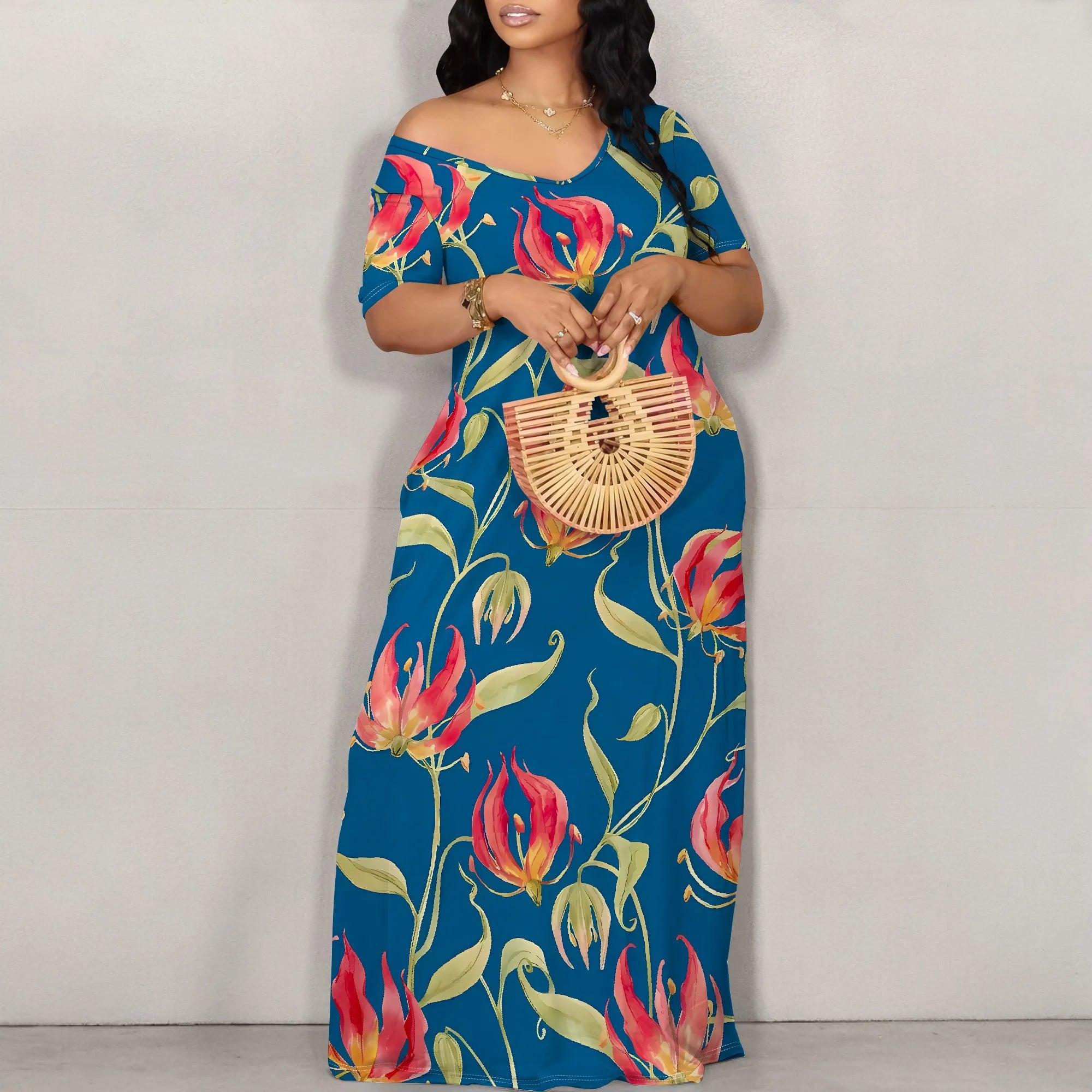 Floral Off Shoulder Maxi Dress Blue Background Summer Holiday Garden Style