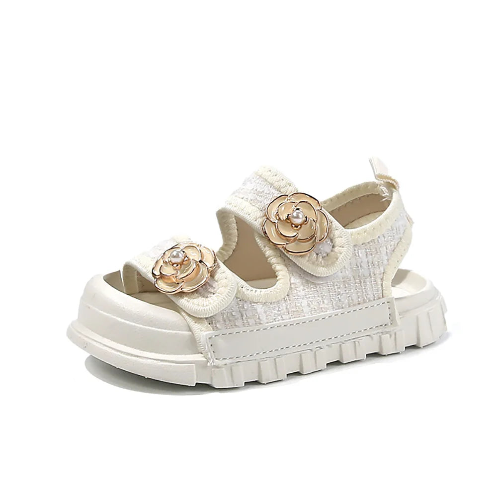 Korean Style Summer Sandals For Girls Luxury Pearl Flower Children's Beach Shoes Ergonomics Soft-soled Kid's Girl Sandals