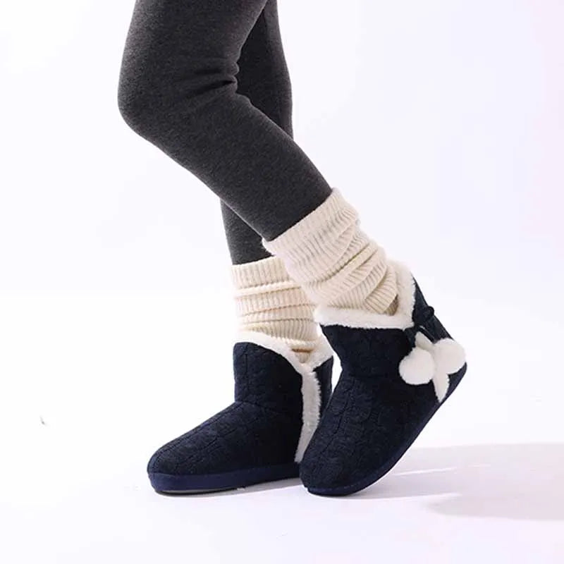 Women's Winter Warm Plush Boots Suitable For Outdoor and Indoor Use With Soft Sole Non-Slip Knit Furry Snow Shoes Cosy Cotton
