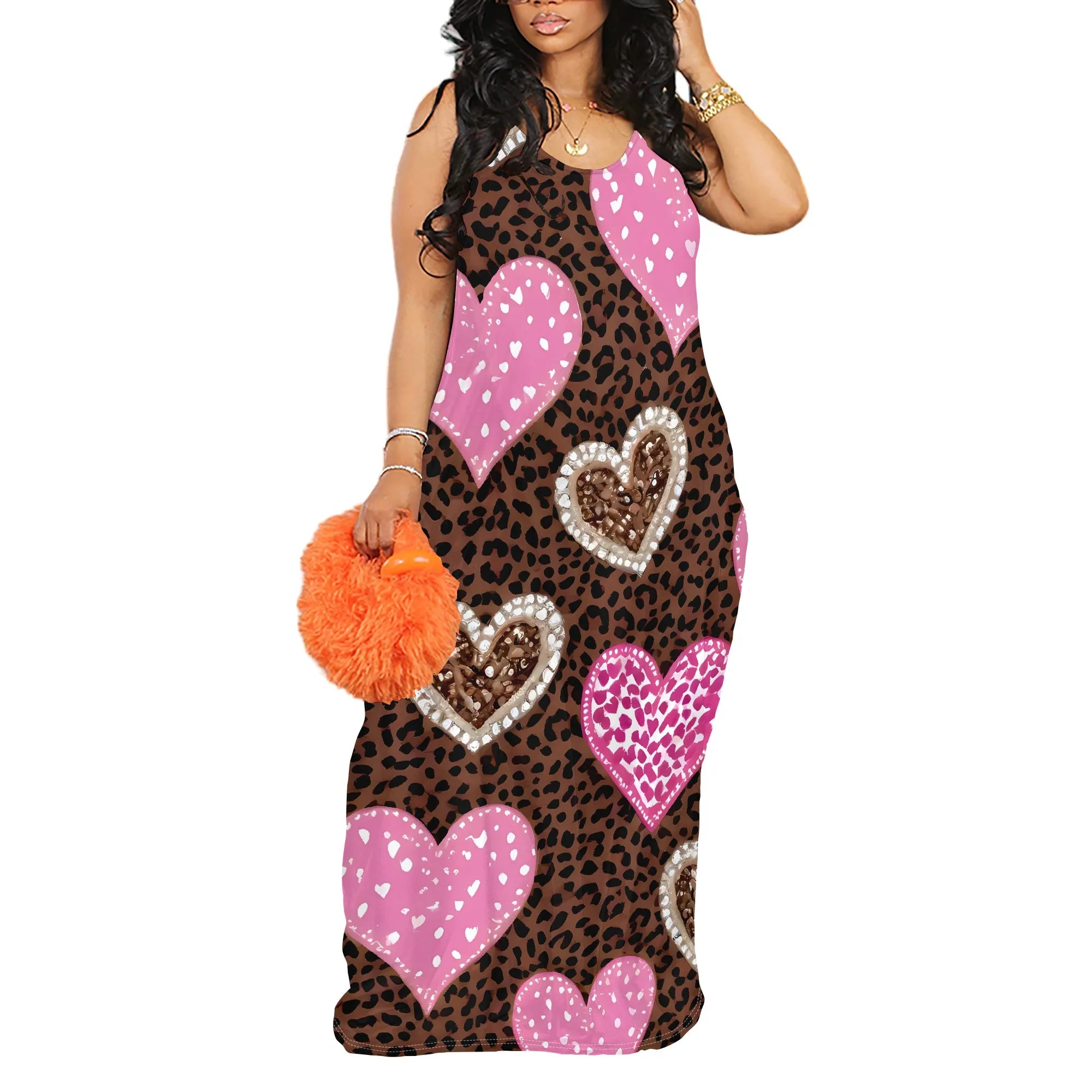Leopard Heart Print Maxi Dress - Women's Cute Boho Beachwear 2025