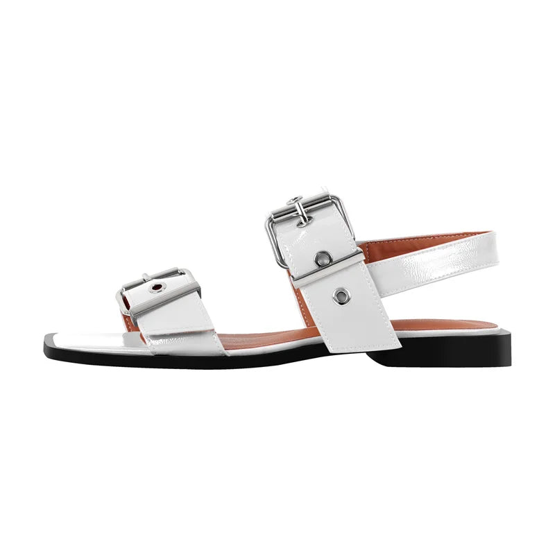 Women Square Toe Buckle Strap Flats Sandals Lady Big  Size Summer Punk Retro Mary Jane Slingbacks Sandals
