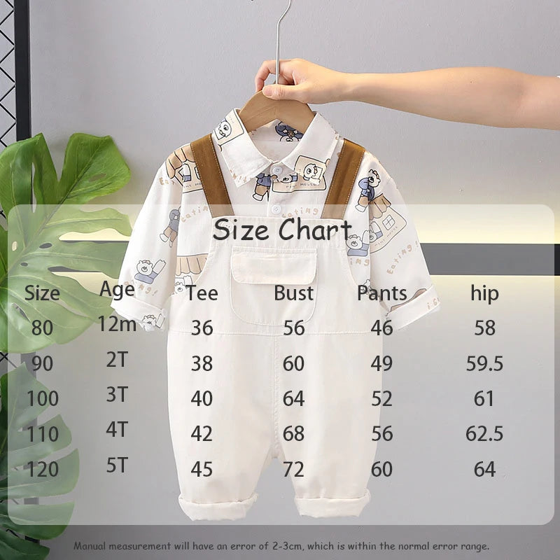 Herfst kinderkledingset kinderen schattige cartoon beer shirt + effen overall jongens 2 stuks dunne stijl outfit 1-3 jaar unisex