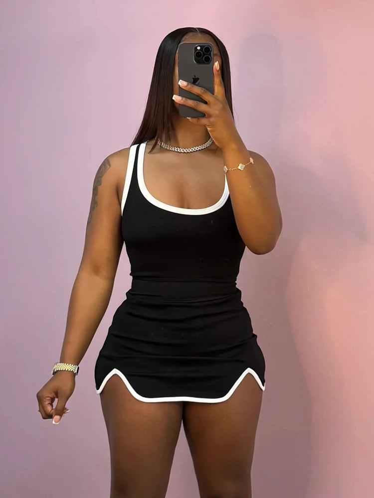 Casual Simple Women 2 Piece Set Tracksuit Skinny Tank Tops + Irregular Hem Skirts Matching Stretch Streetwear Outfits