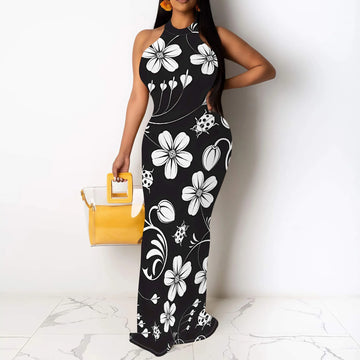 Halter Neck Maxi Dress Women Sleeveless Summer Elegant Floral Print Long Dress for Vacation Beach Party