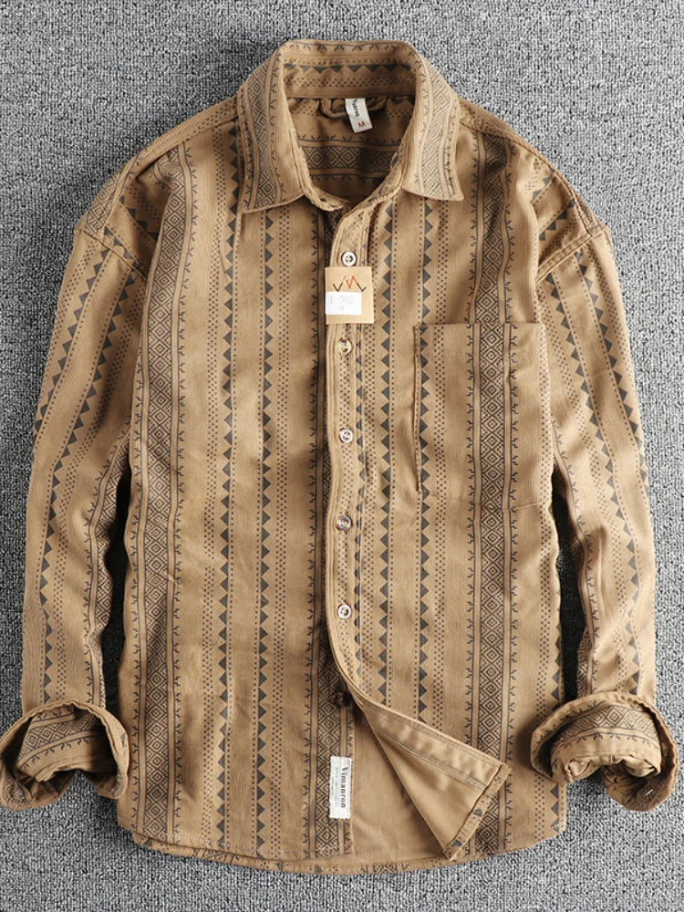 Lente Nieuwe Amerikaanse Retro Lange Mouw Revers Navajo Totem Bedrukt Shirt Herenmode 100% Katoen Gewassen Casual Blouses Dunne Jas