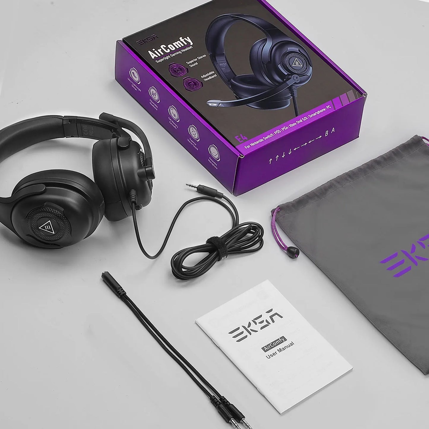 EKSA E4 Wired Headset Gamer 3.5mm Stereo Gaming Headphones with Microphone Superlight Over-ear Earphones  for PC/PS4/PS5/Xbox