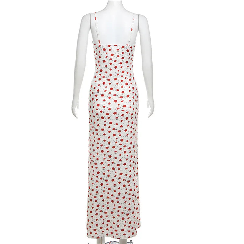 Rose Print Dress Women Square Collar Sleeveless Irregular Sweet Girl Street Fashion Birthday Party Trend Long Bodycon