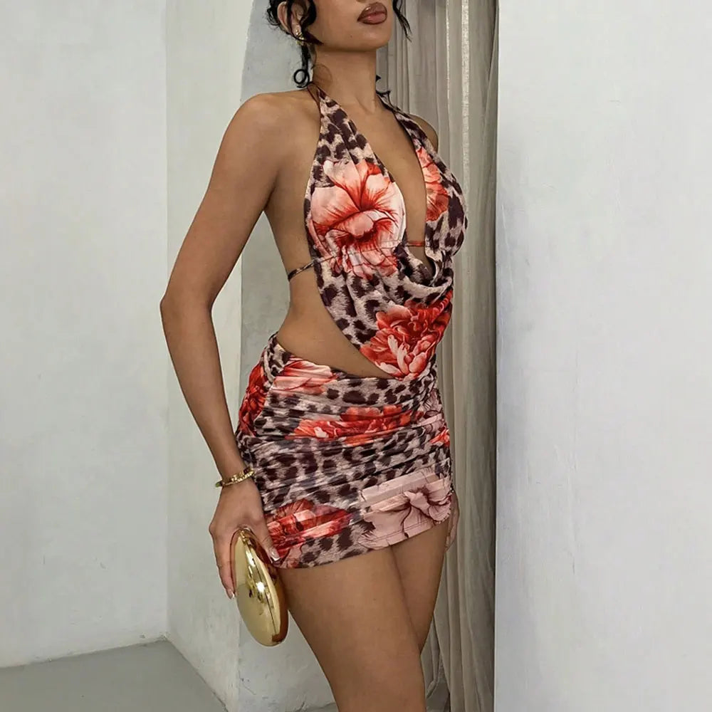 Women's Sets 2025 Summer Sexy Leopard Print Backless Sleeveless Halter Neck Mini High Waist Wrap Skirts Streetwear Sets