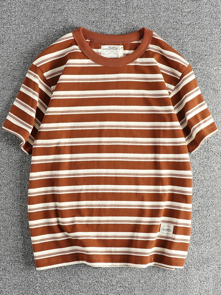 2024 Summer New American Retro 240g Short Sleeve O-neck Striped T-shirt Men's Simple 100% Cotton Washed Heavyweight Casual Tops