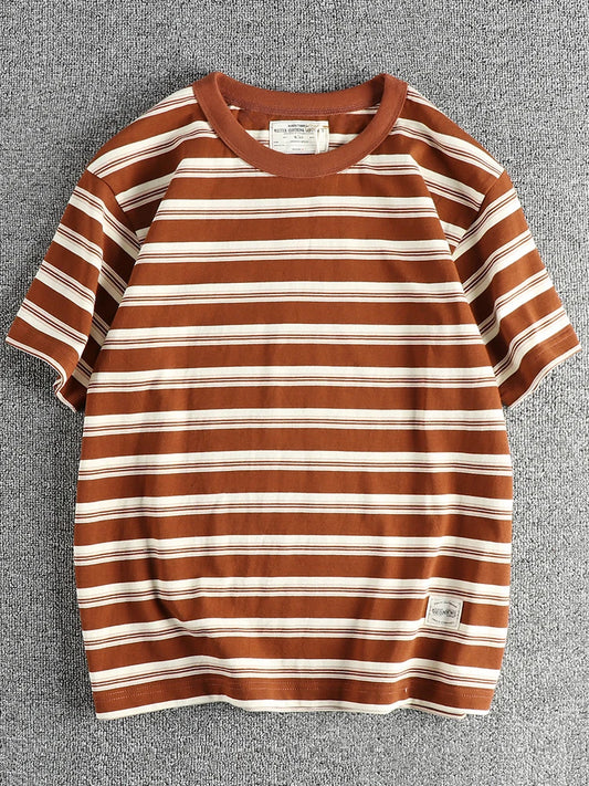 2024 Zomer Nieuw Amerikaans Retro 240g Korte Mouw O-hals Gestreept T-shirt Heren Eenvoudig 100% Katoen Gewassen Zware Casual Tops