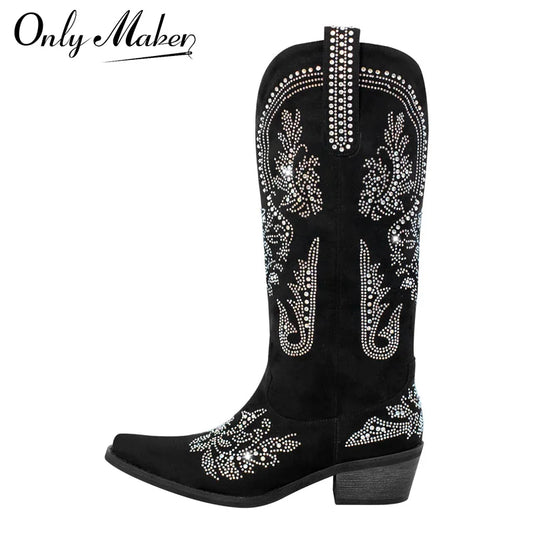 Women Pointed Toe Rhinestone Western Cowboy Boots Black  Female Wide Mid Calf Boots