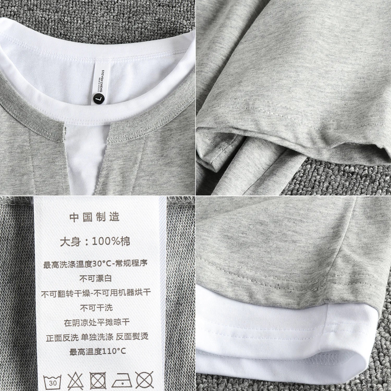 2025 Summer American Retro Short Sleeve V-neck Fake Two Pieces Solid Color T-shirt Men's 100% Cotton Washed Youth Casual Tops