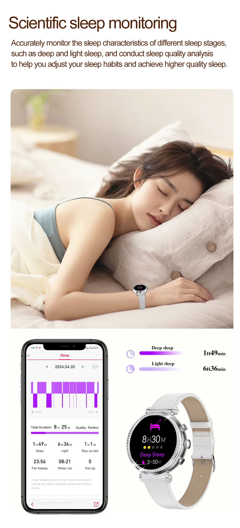 Women Diamond Smart Watch ECG Women Health tracking Watch Full Touch Screen BT Call Custom dial Smartwatch Compatible with Huawei & Xiaomi IOS