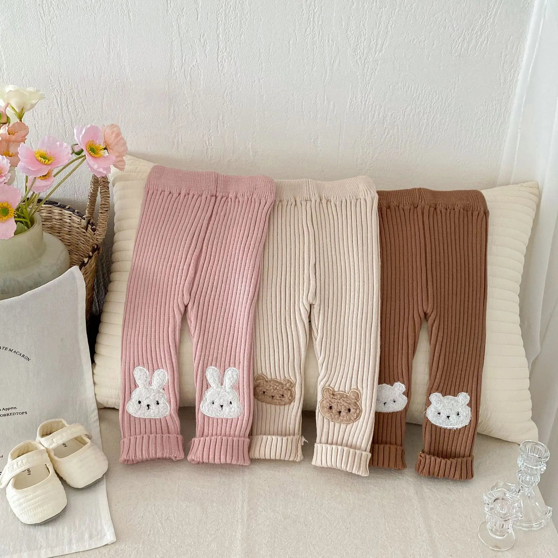 New Autumn Kids Knitted Leggings Girls Cute Cartoon Skinny Pants Children's Baby Pit Strip Trousers 0-5Y Girls