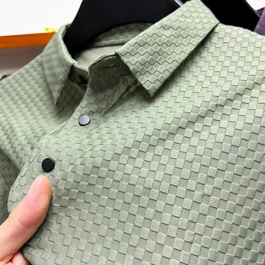 Men's Summer Luxury and Fashionable Casual Waffle Short Sleeve Polo Shirt, Lapel, Ice Silk, and High-End Breathable T-Shirt