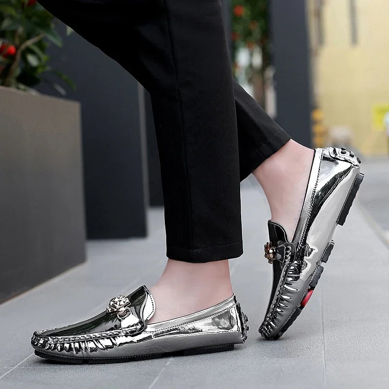 Stylish England Gentleman Casual Moccasin Shoes White Silver Mens Formal Dress Wedding Shoes Large Size 38-48 Youth Loafers