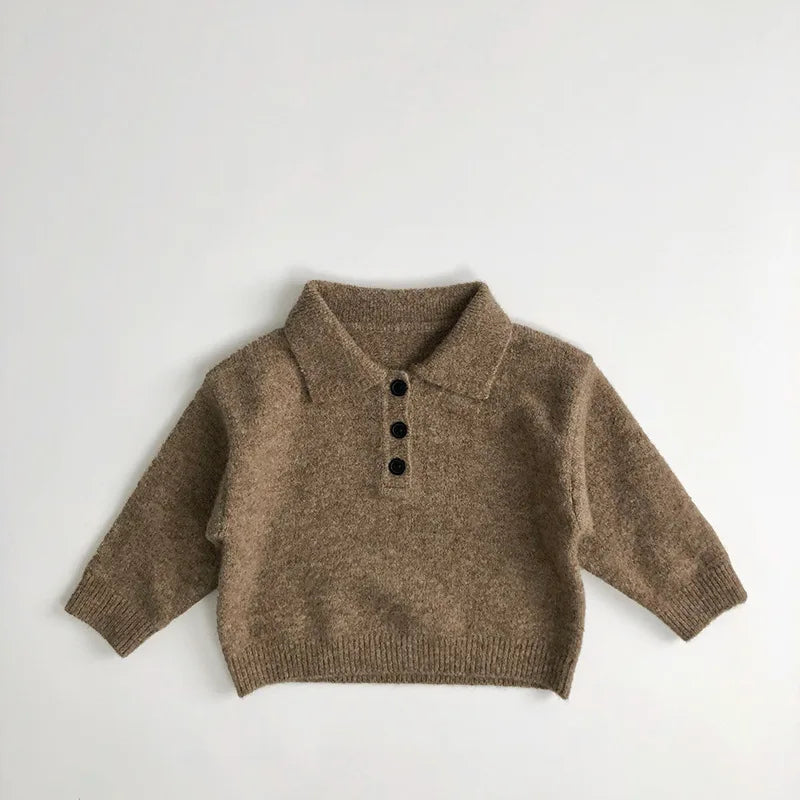 Autumn New Boys Clothes Kids Knit Turn Down Collar Sweater Children's Trendy Solid Colour Pullover Girls Outwear 1-6Y Unisex