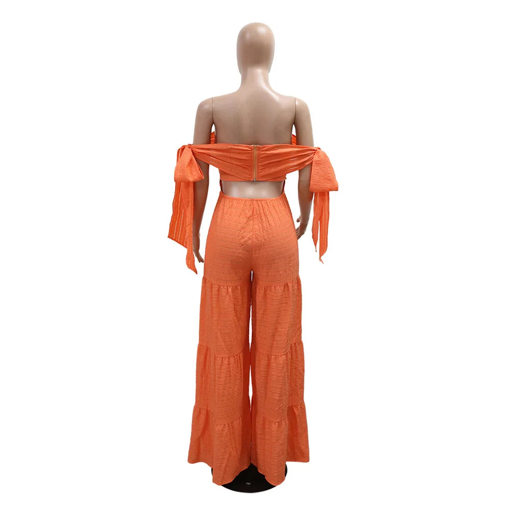 Women Sexy Solid Color Slash Neck Off Shoulder Ruffles Decor Wide Leg Jumpsuits