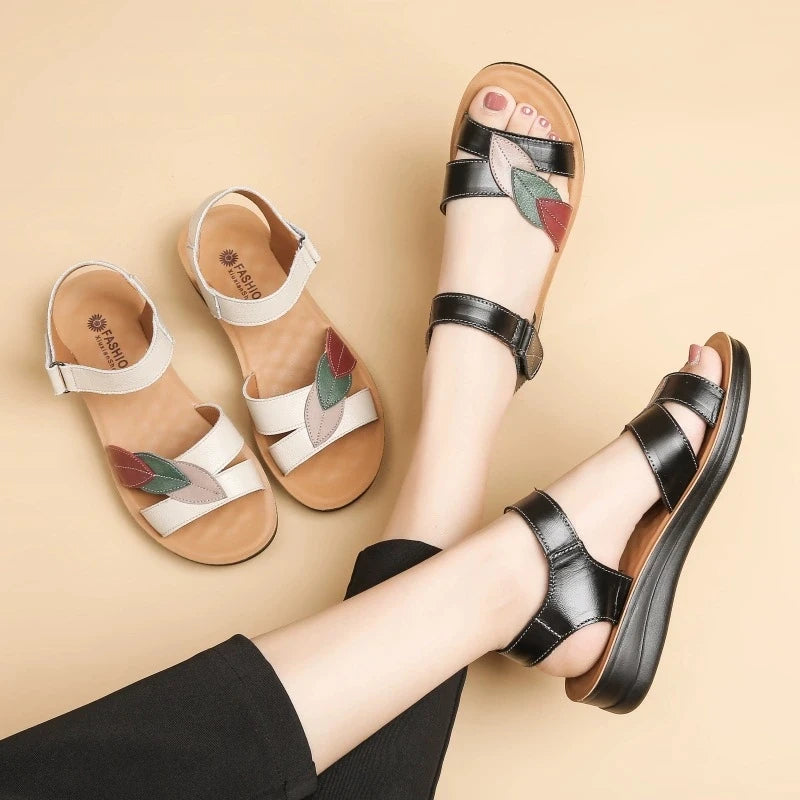 Women's Mother Ladies Female Genuine Leather Sandals Shoes Platform Summer Cool Beach Soft Waterproof Leaf Non Slip