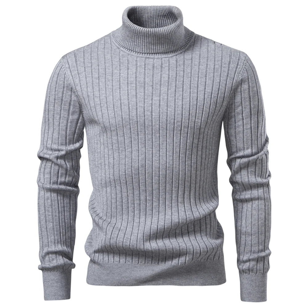 Men's Turtleneck Sweater Solid Colour With Striped Pullover Warm Knitwear Winter Casual High Quality Male Sweater