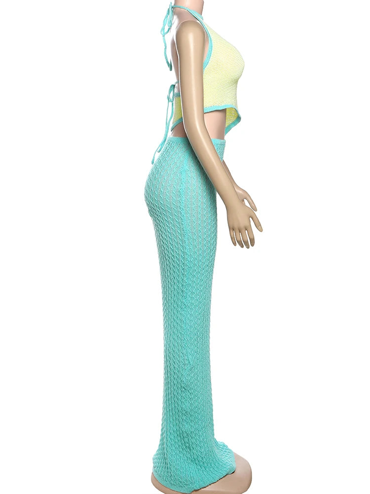 Crochet Beach Women 2 Piece Set Sleeveless Irregular Backless Halter Tank Tops + Maxi Skirts Vacation Matching Clubwear