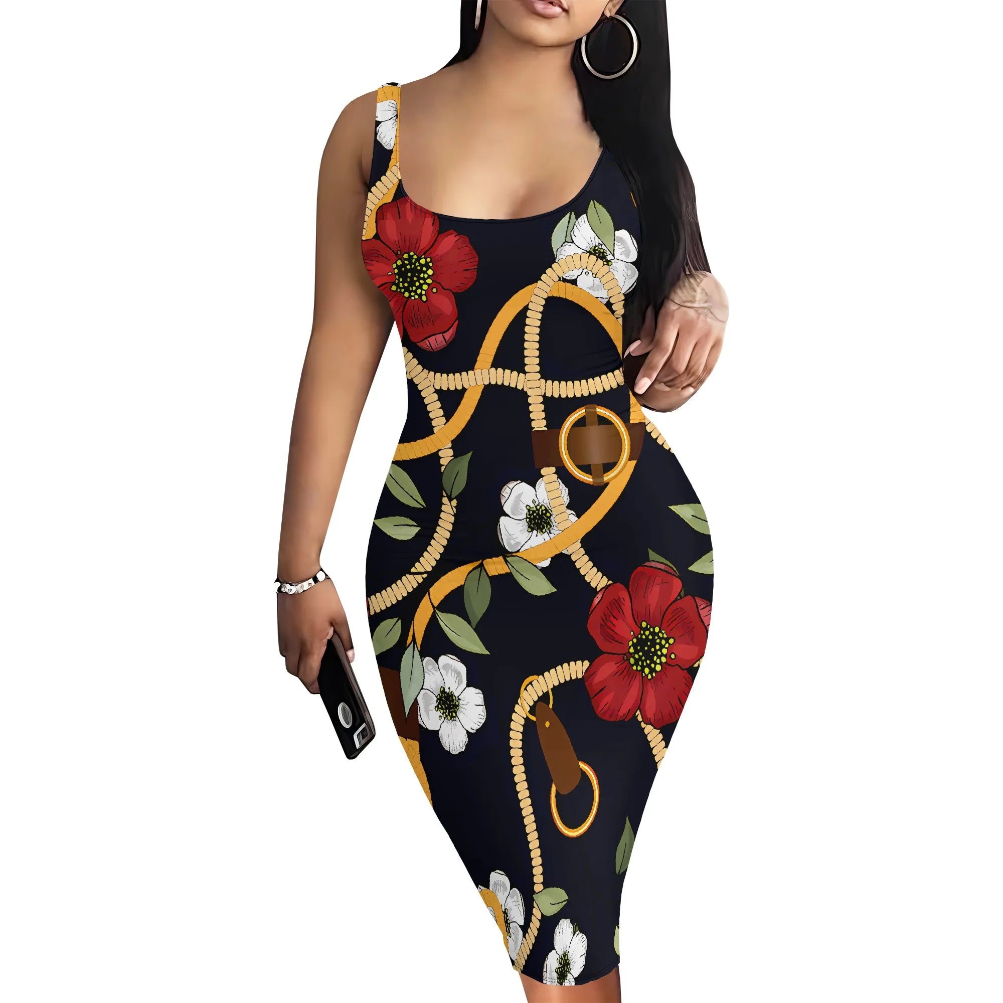 Summer Sleeveless Bodycon Midi Dress Women Abstract Leaf Print Sexy Clubwear Casual Tank Outfit