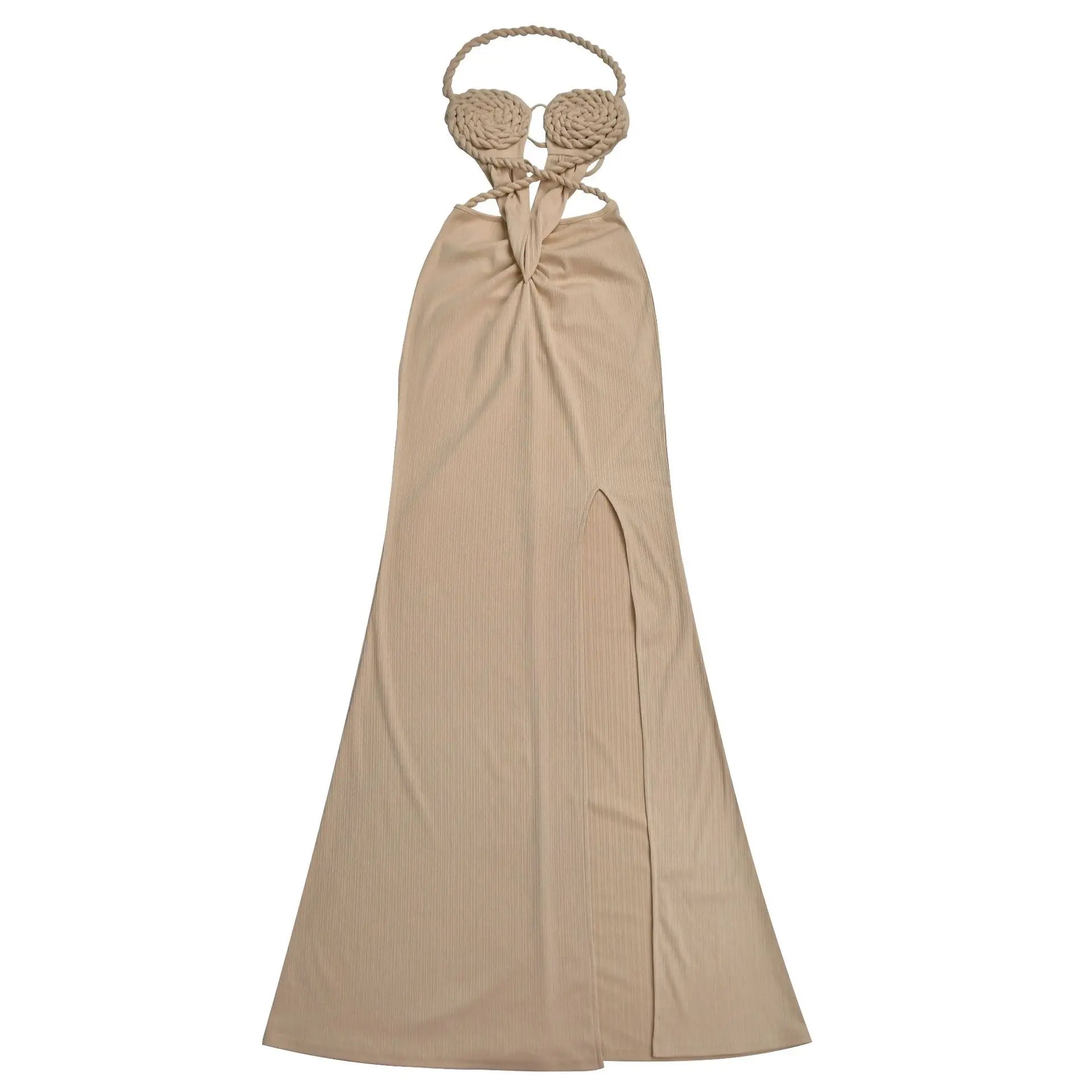 Bohemen gebreide dames maxi-jurk 2025 zomer halter vetersluiting rugloze split schede vestidos strandvakantie gewaad